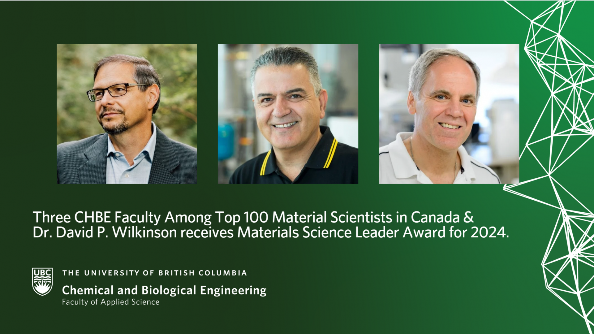 Three CHBE Faculty Among Top 100 Material Scientists in Canada 